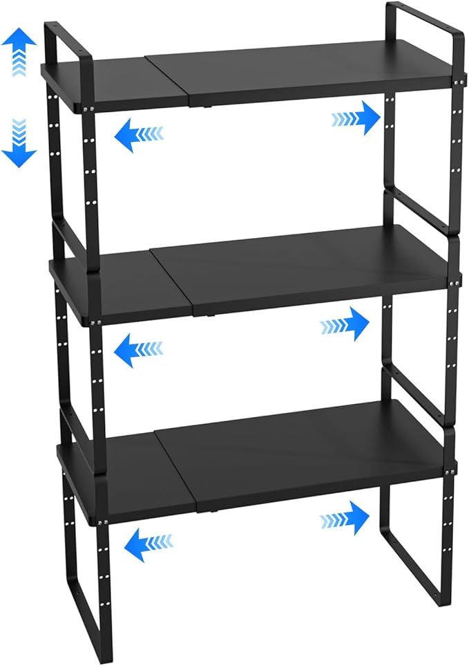 Expandable Cabinet Shelf Organizer, Stackable Kitchen Pantry Counter Storage, Adjustable Closet Cupboard Stand Rack Risers Spice Organization, 80LBS Heavy Duty, Black 3 Pack