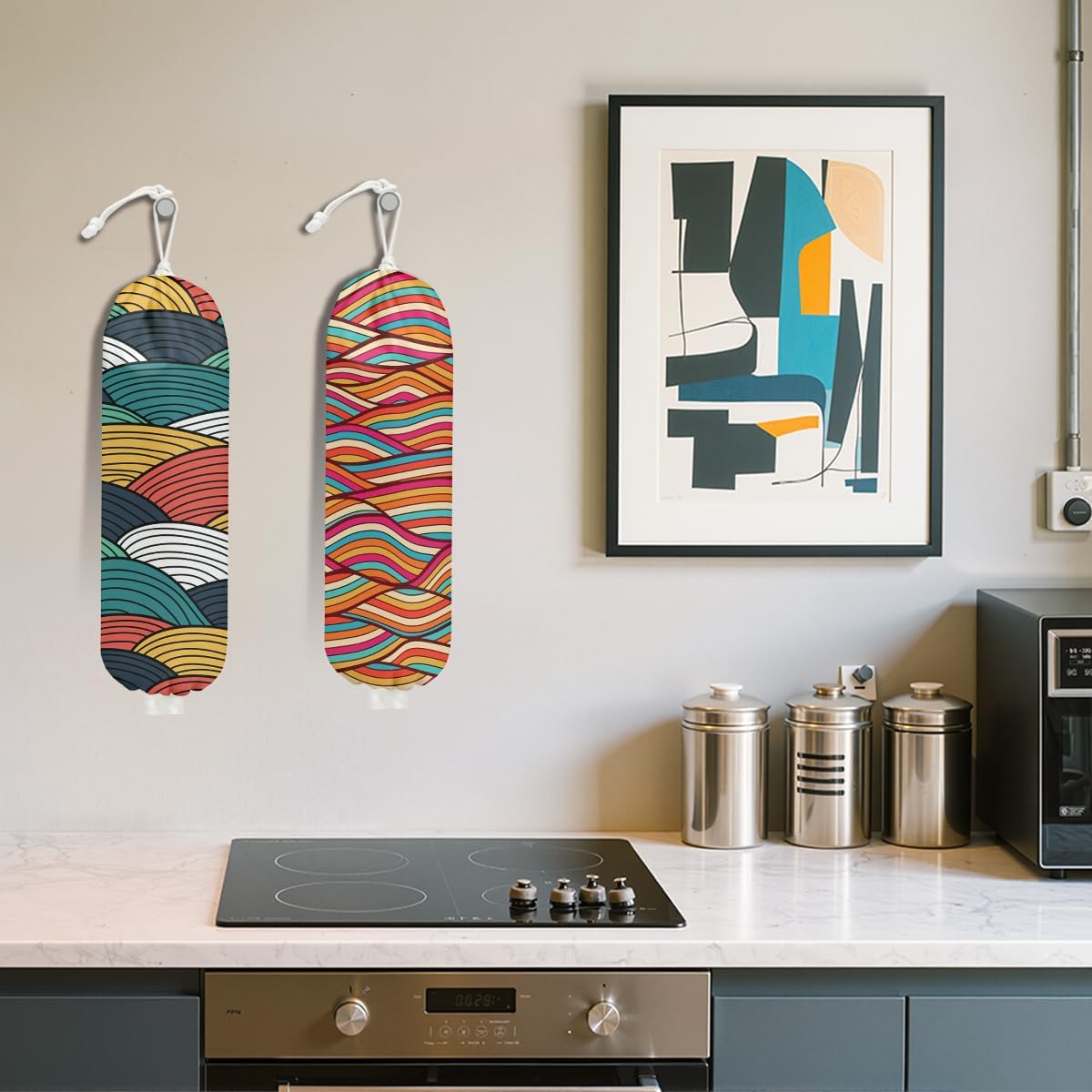 2Pcs Abstract Wave Seamless Pattern Plastic Bag Holder, Wall Mount Grocery Bag Holder for Plastic Bags, Colorful Wavy Print Reusable Grocery Bags Storage Dispenser, Farmhouse Home Kitchen Decor