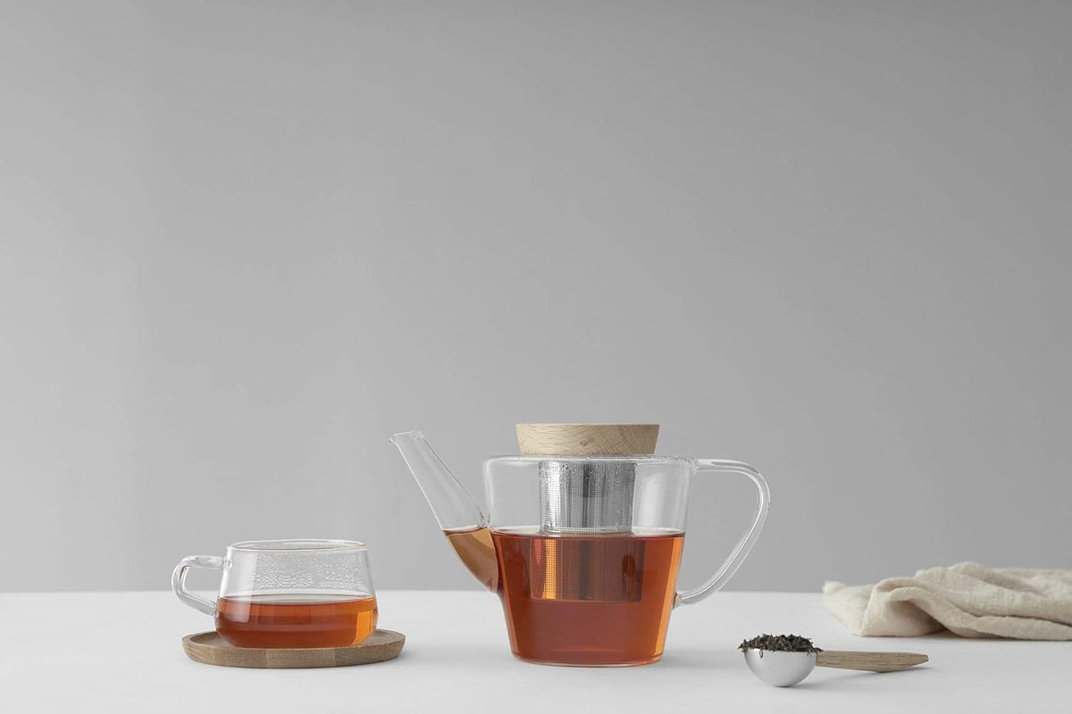 Viva Infusion Borosilicate Glass Tea Pot for Stovetop with Loose Leaf Tea Infuser Mesh - 34 ounce/1 Liter - Modern Teapot Features Bamboo Wood Lid, Tea Maker for Blooming