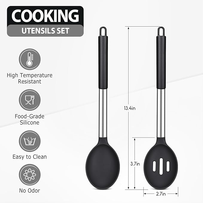 Pack of 2 Large Silicone Cooking Spoons, Non-Stick Stainless Steel Slotted and Solid Spoon Set for Serving, Mixing, Draining, Heat Resistant, Scratch Resistant and BPA Free Kitchen Scoops (Black)