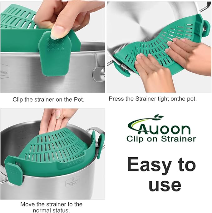AUOON Oversized Pot Strainer Clip on Silicone - Family-Style Design Pasta Strainer Heat Resistant Kitchen Colander for Spaghetti and Noodles | Dishwasher Safe