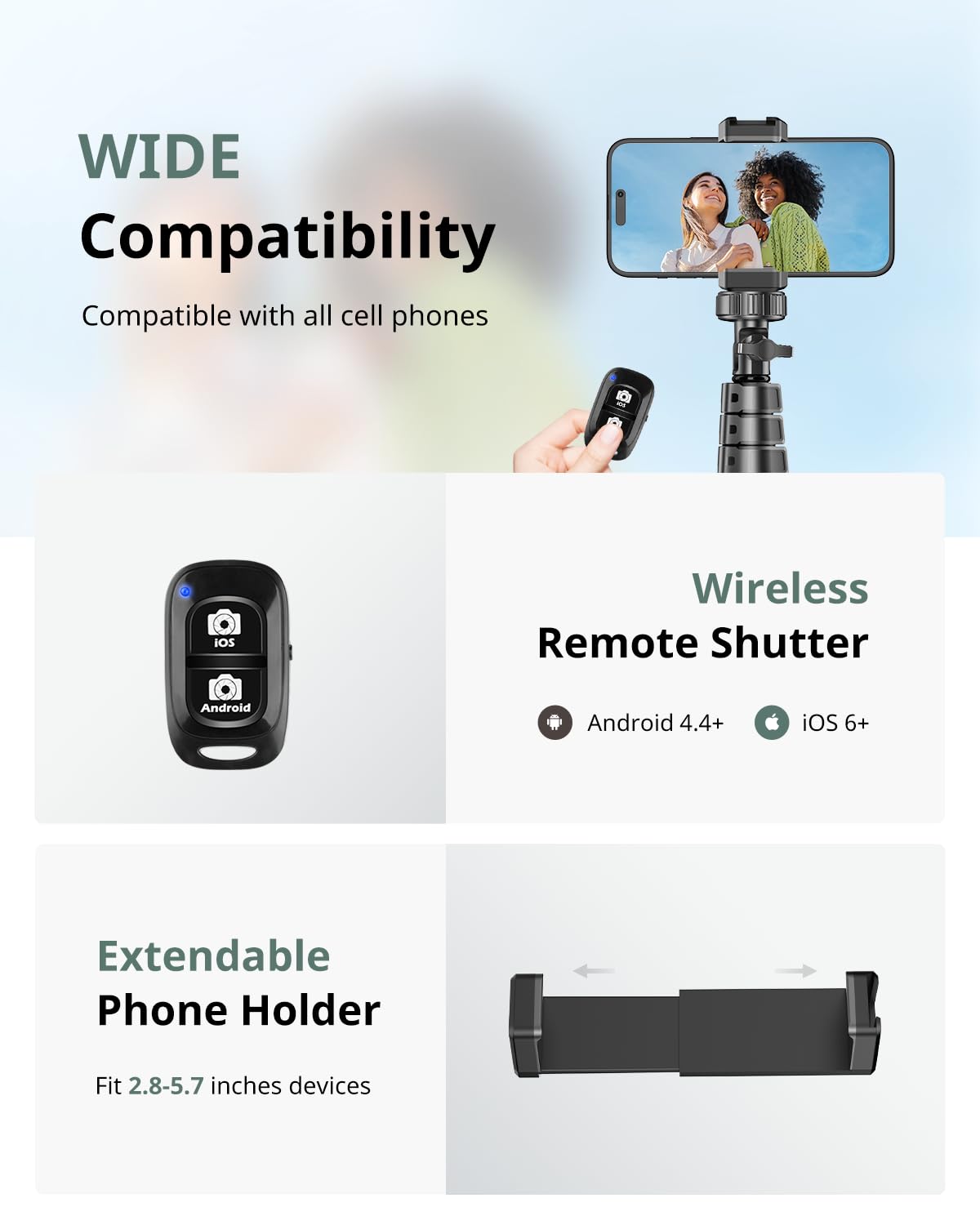 SENSYNE 62" Phone Tripod, Extendable Selfie Stick with Wireless Remote