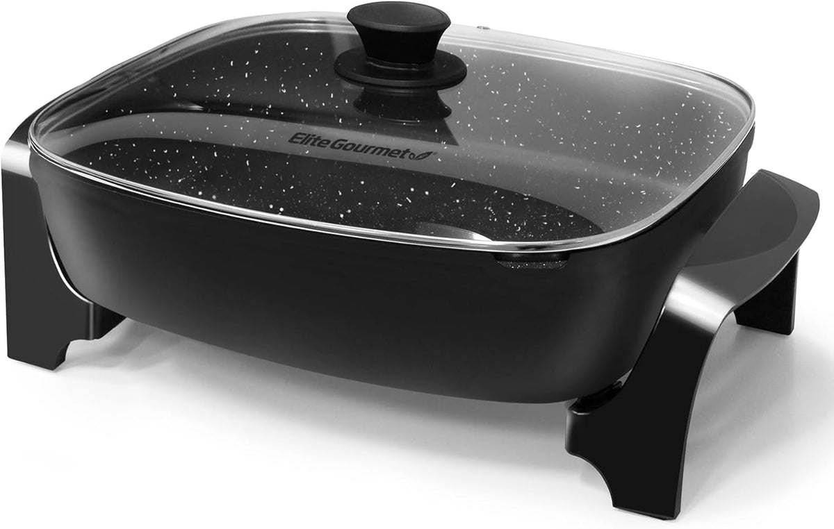 Elite Gourmet EG-6203# Extra Deep 16"x13"x3.2" (10.5Qt.) Scratch Resistant, Easy Pour Spout Dishwasher Safe, Non-stick Electric Skillet with Glass Vented Lid, Adjustable Temperature, Black
