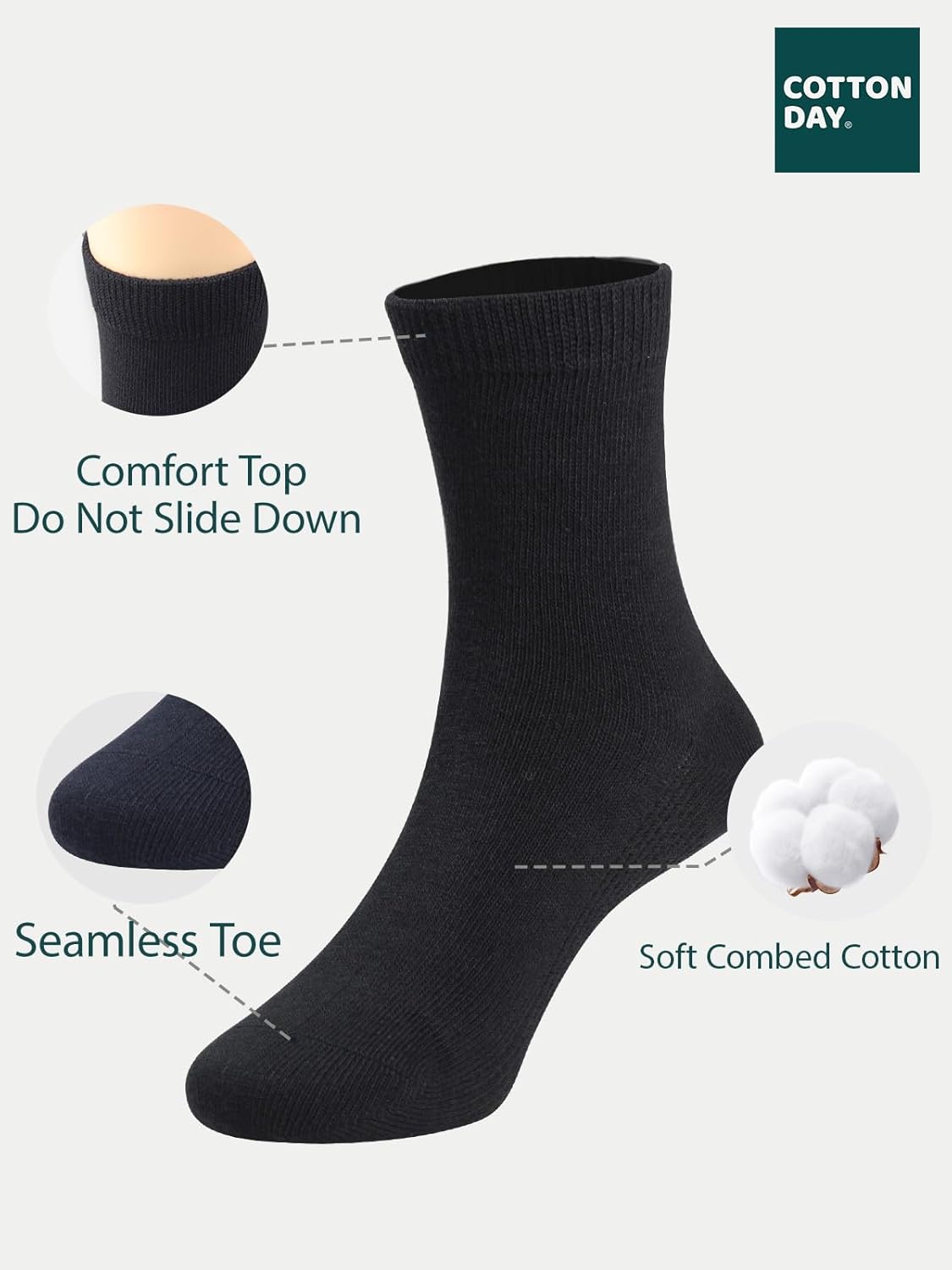 COTTON DAY Unisex Little Kids Youth Boys Girls Soft Cotton Crew Dress Socks Seamless Toe Black White Gray Navy 6 Pack