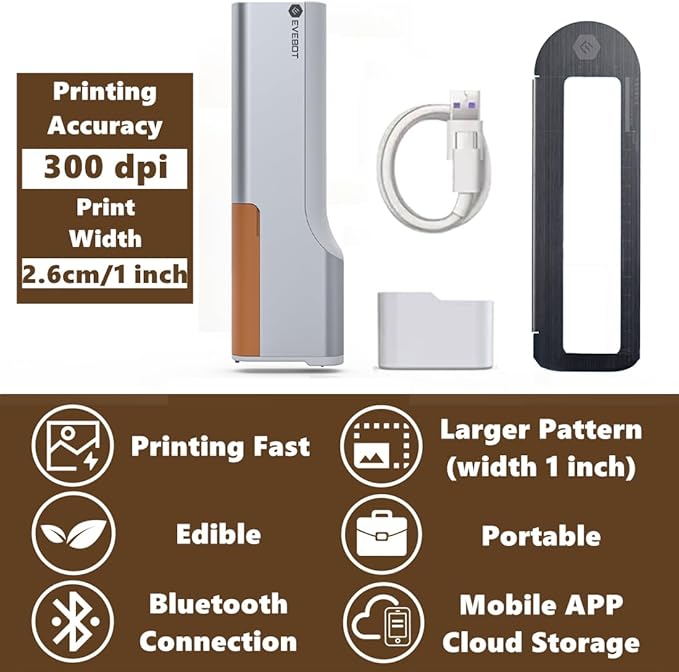 EVEBOT Handheld Food PrintPen Portable Mini Coffee PrintPen Latte Art Macaron Cookie DIY Design Print Pen, Christmas Gifts Bluetooth 4.2 - Brown, Red and Black 3PCS Colors
