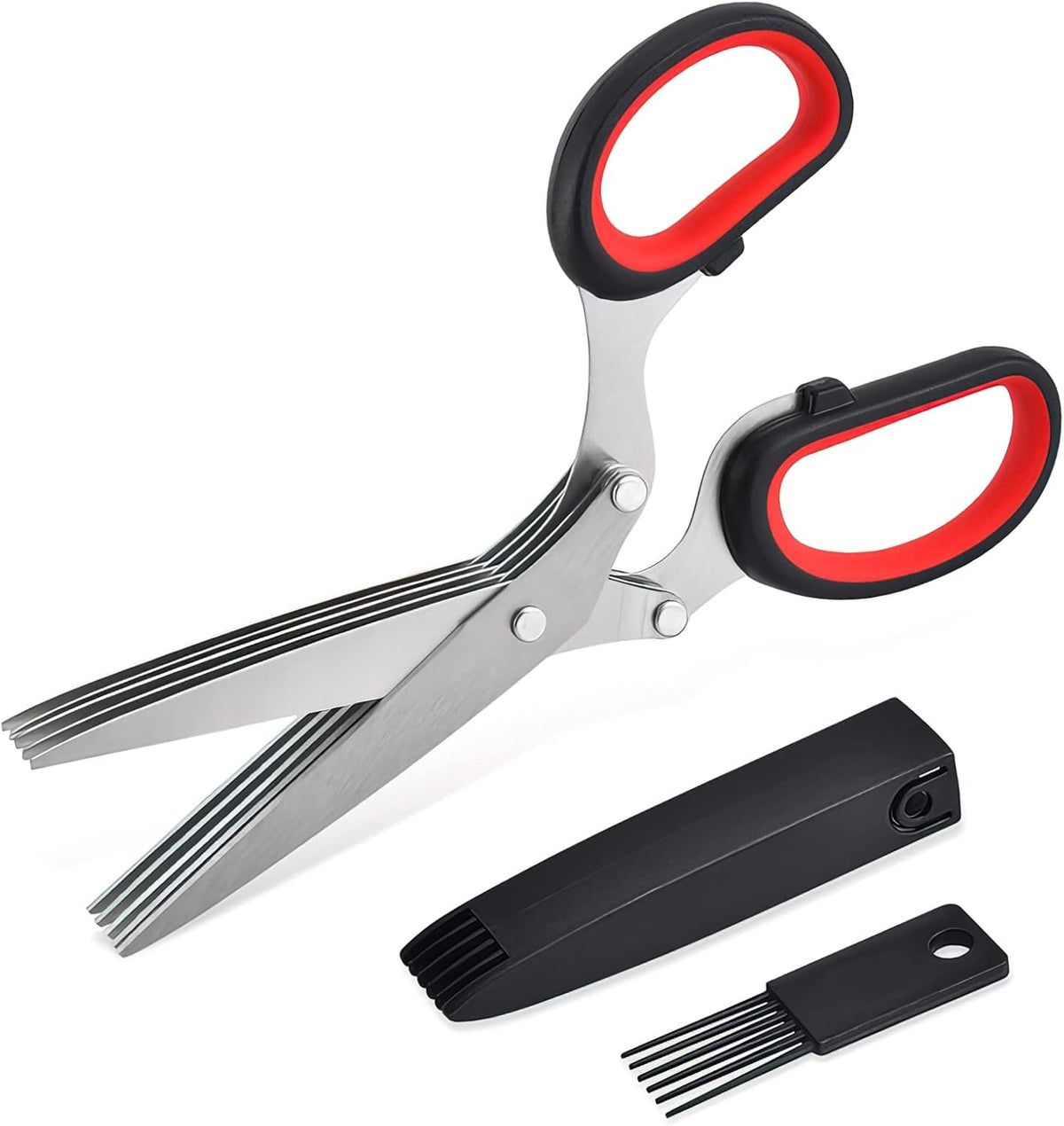 Herb scissors, Multipurpose Cutting Shears with 5 Blade Kitchen Salad Scissors, Safety Cover and Cleaning Comb for Chopping Cilantro Onion Basil Chive Parsley, Black