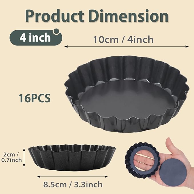 Mini Tart Pans Removable Bottom: Nonstick 4 Inch Quiche Pan Fluted Edge Set of 16 - Sturdy Carbon Steel Tart Molds for Baking - Easy Loose for Pie/Fruit/Egg/Cake - Suitable for Home Bakers