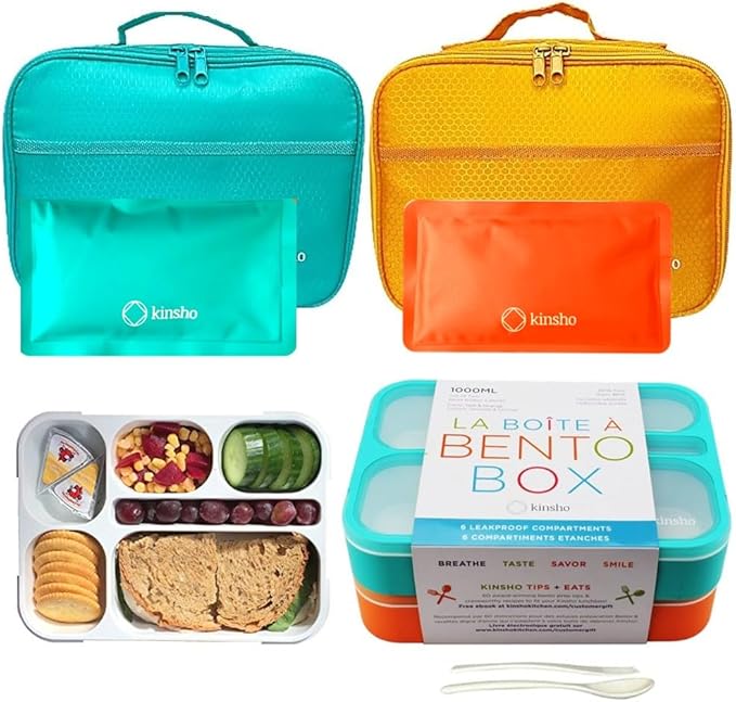 kinsho Bento Box with Lunch Bag and Ice Pack Set | Two Boxes, insulated Bags, Cold Packs for Kids Adults, Value Meal Containers for School Lunches or Snack, 6 Compartments BPA Free, Teal and Orange