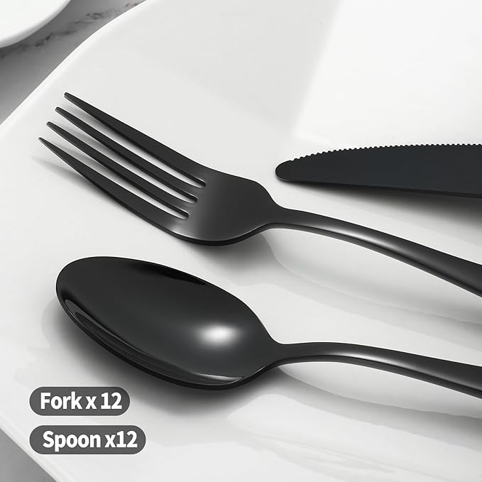 24-piece Black Forks and Spoons Silverware Set, Stainless Steel Flatware Cutlery Set for Home, Kitchen and Restaurant, Black Spoon and Fork Set,Dinner forks Mirror Polished