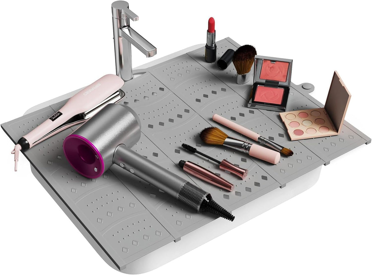 Bathroom Sink Cover for Counter Space, Sink Mat Foldable Sink Cover, Silicone Makeup Organizer Mat Space Saver, Small Bathroom & Rv Camper Travel Must Haves Accessories, Grey