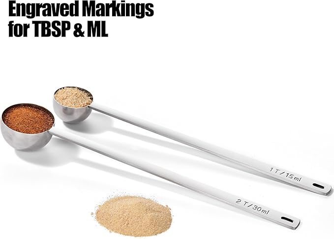 18/8 Stainless Steel Coffee Scoops, Doosu Food-Grade Metal Measuring Spoons with 8.5in Long Handle, Tablespoon Scooper for Coffee Beans, Ground Coffee, Espresso, Protein Powders, Tea (1 & 2 Tbsp)