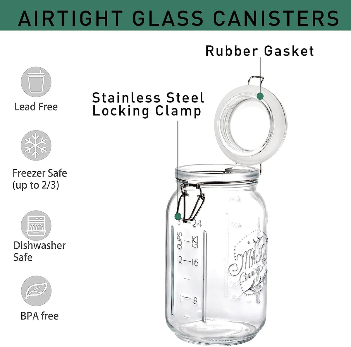 Tebery 4 Pack Clear Wide Mouth Glass Mason Jars with Airtight Clamp Lids, 32Oz Glass Storage Containers Large Kitchen Canisters for Food, Flour, Pasta, Coffee, Candy, Dog Treats, Snacks & More