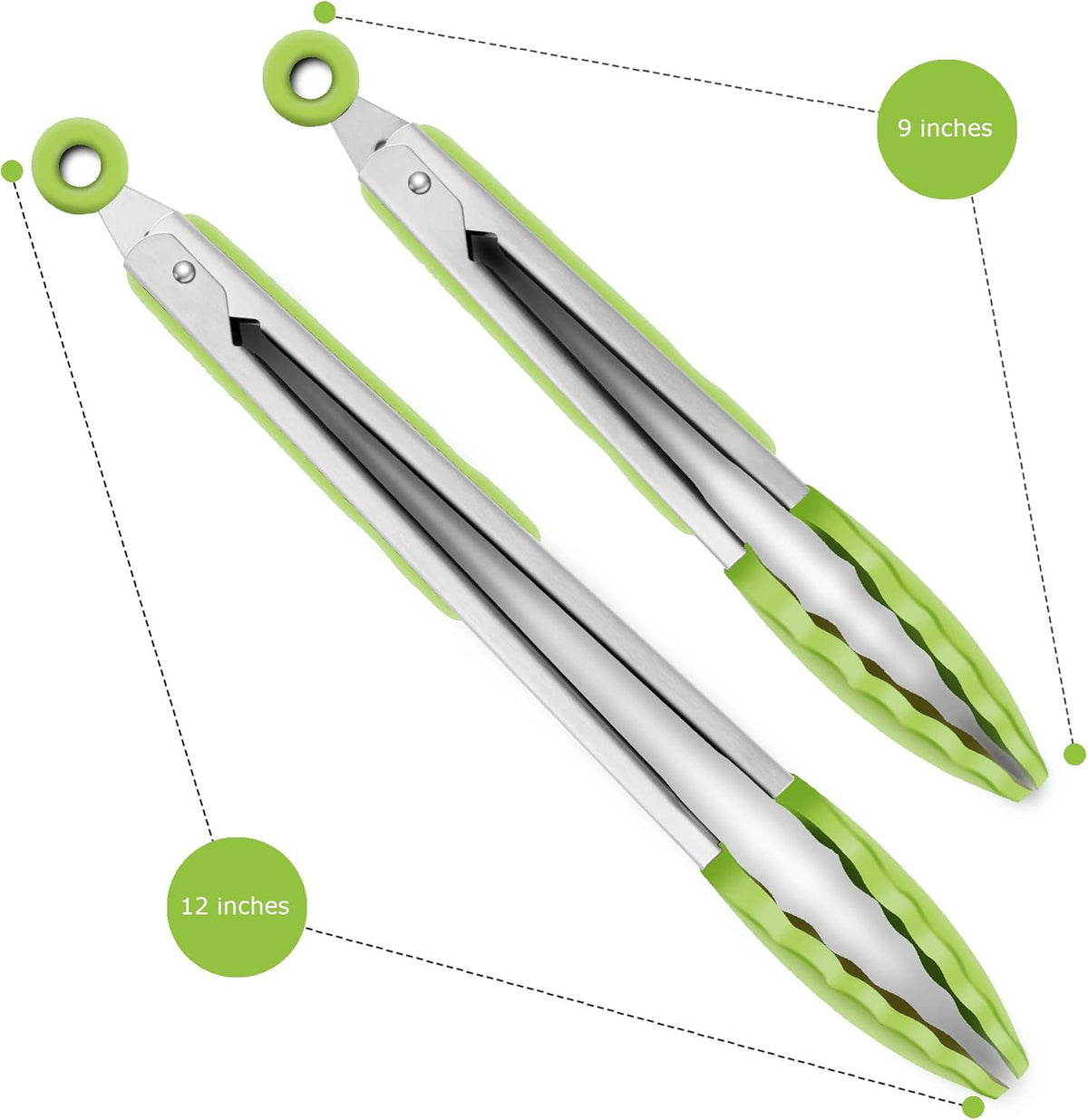 Premium Silicone Set of 2 Cooking Tongs, 9-Inch & 12-Inch BPA Free Non-Stick Stainless Steel BBQ Grilling Locking Food Tong, Light Green