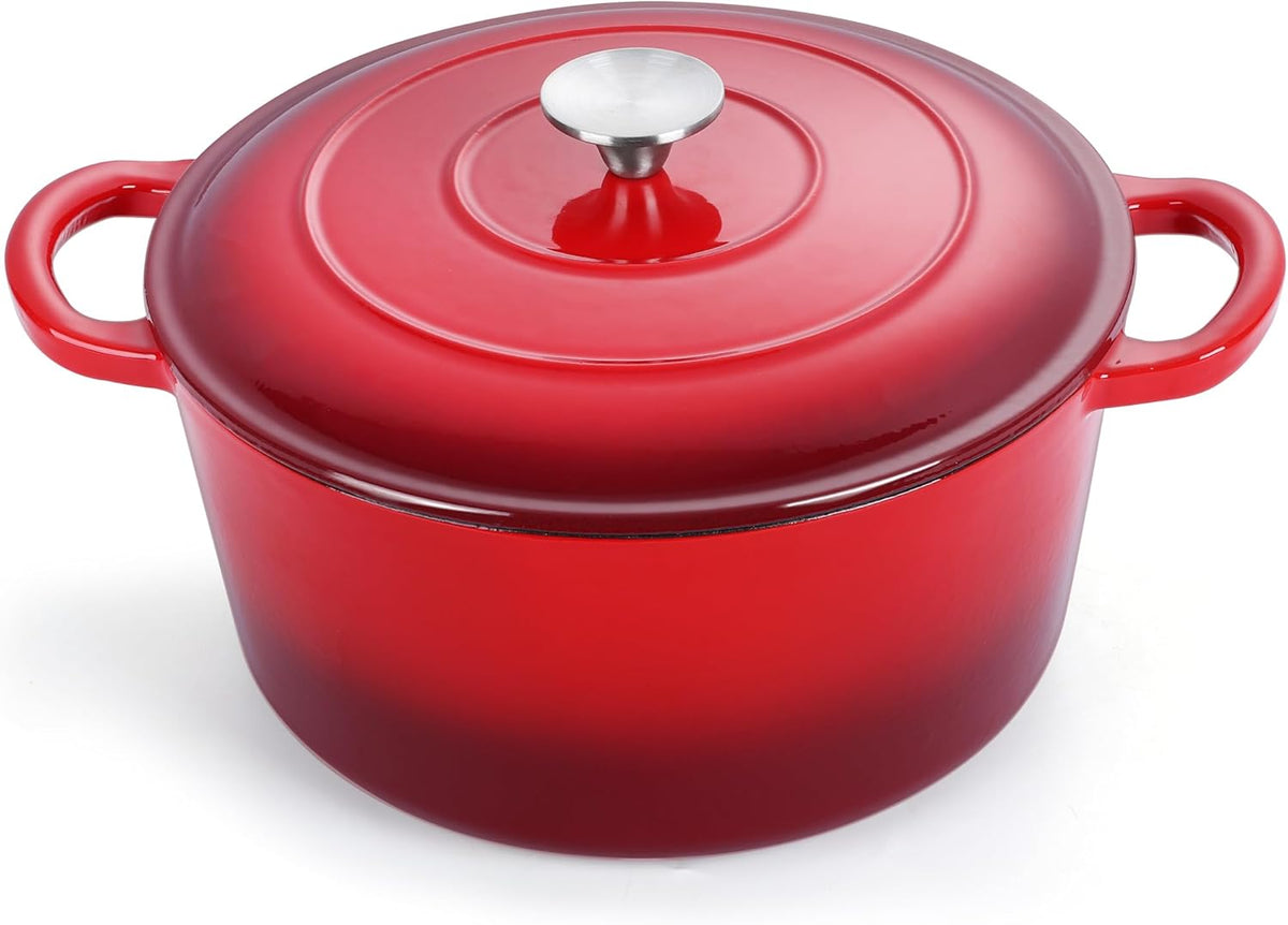 E-far Dutch Oven Pot with Lid, 5 Quart Enameled Cast Iron Round Dutch Oven Stockpot for Bread Baking/Braising/Cooking/Roasting/Stewing, Heavy Duty Nonstick Cookware Safe for Induction & Oven - Red