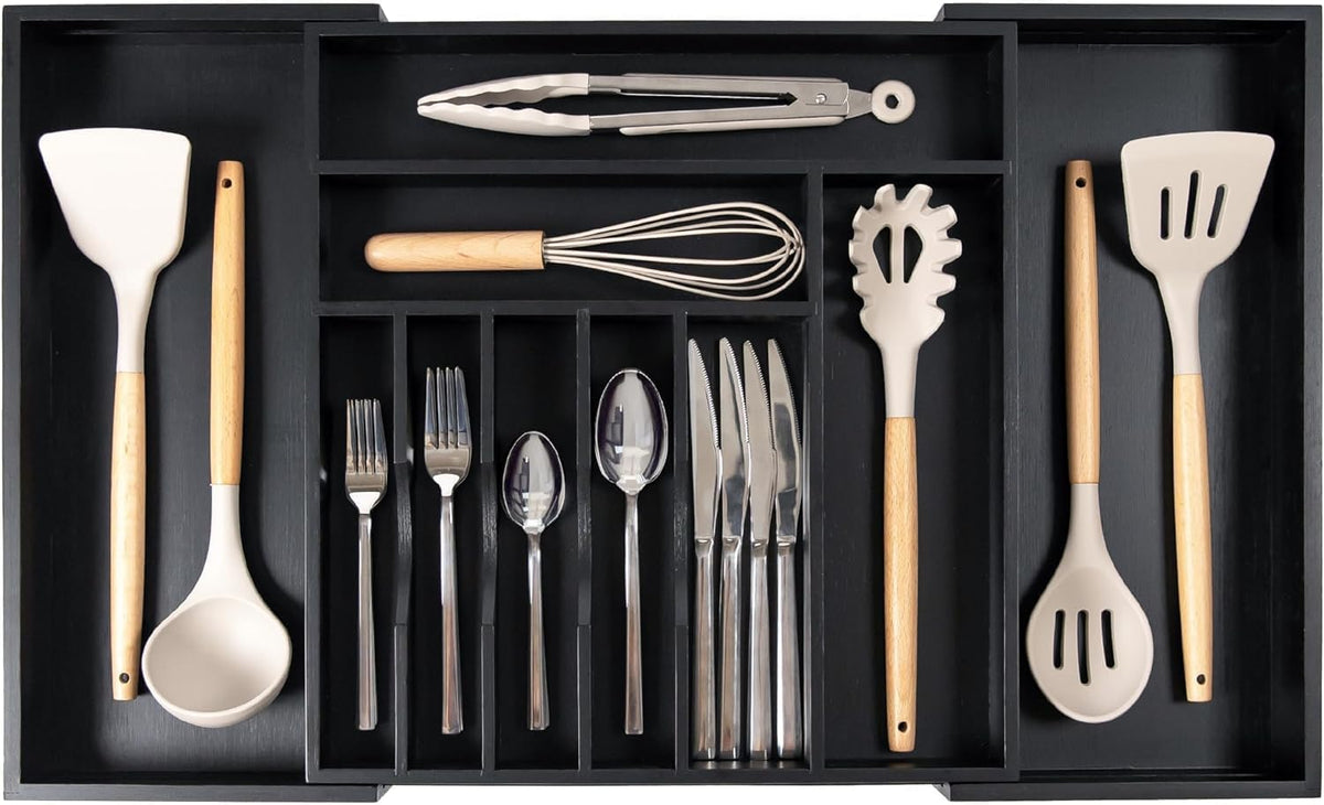KitchenEdge Premium Silverware, Flatware and Utensil Organizer for Kitchen Drawers, Food-Safe Contract Grade, Expandable from 16 to 28 In, Black Bamboo