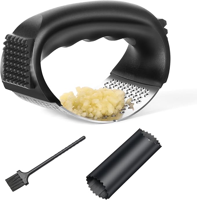 Garlic Press Rocker - Stainless Steel Garlic Mincer, Garlic Chopper, Garlic Crusher with Garlic Peeler and Cleaning Brush for Effortless Smashing Garlic.