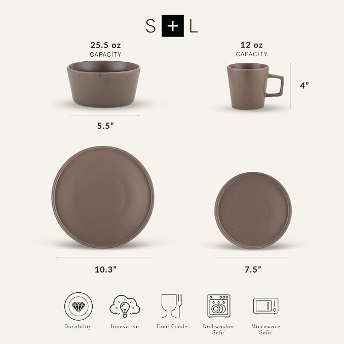 Stone Lain Coupe Dinnerware Set, Service For 4, Matte Brown