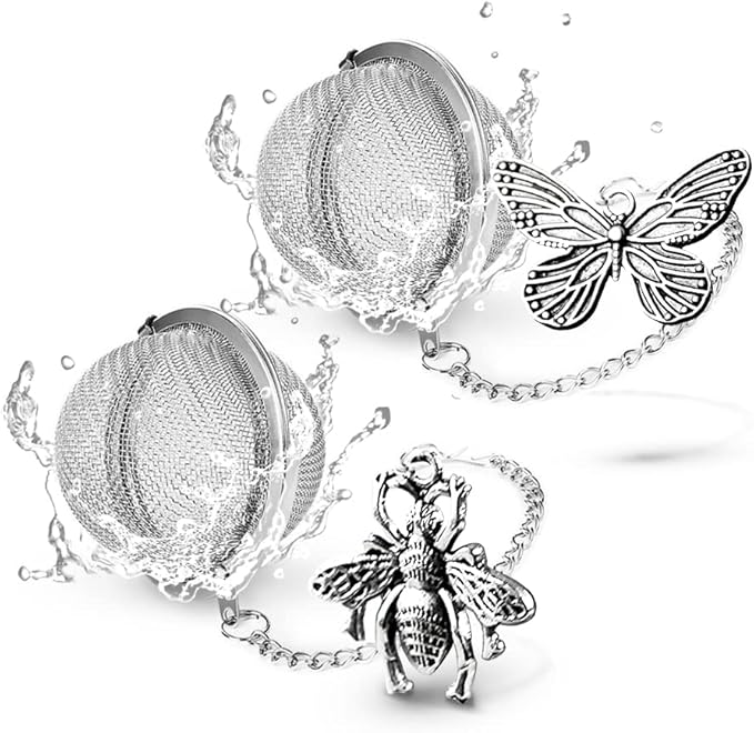 2pcs TeaSanavie Tea Infuser，Loose Tea Steeper Couple Handmade Honey Bee & Butterfly Tea Strainers for Loose Tea, Tea Strainer with Bee Charm Pendant Tea Ball Set Gifts for Women
