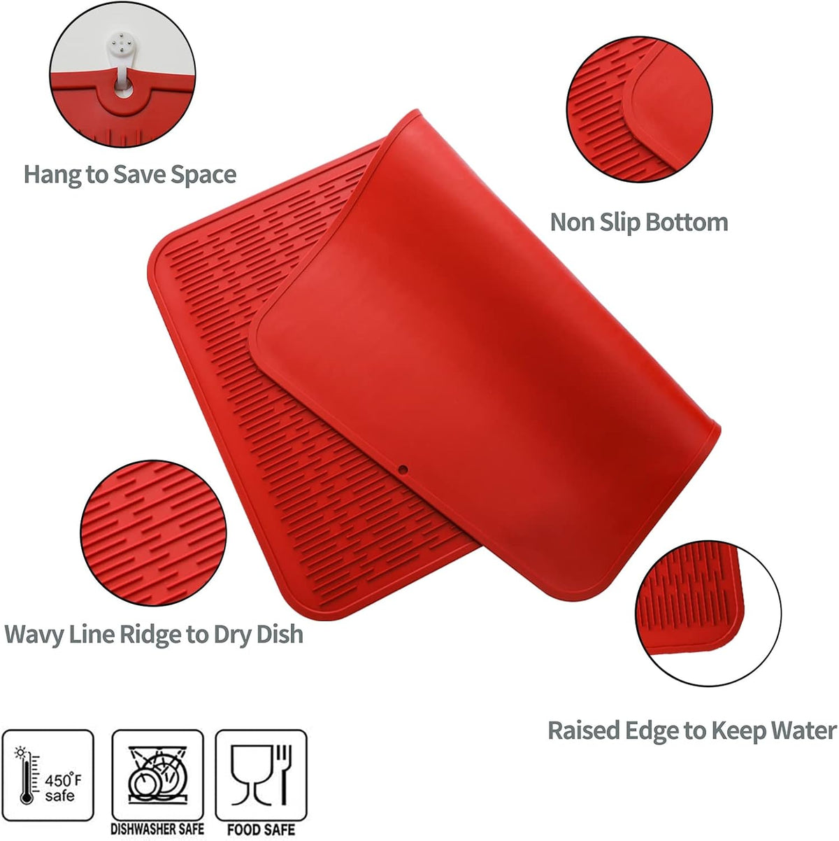 Silicone Dish Drying Mat for Multiple Usage,Easy clean,Eco-friendly,Heat-resistant Silicone Mat for Kitchen Counter or Sink,Refrigerator or Drawer Liner Red 3XL 28 inches x 18 inches