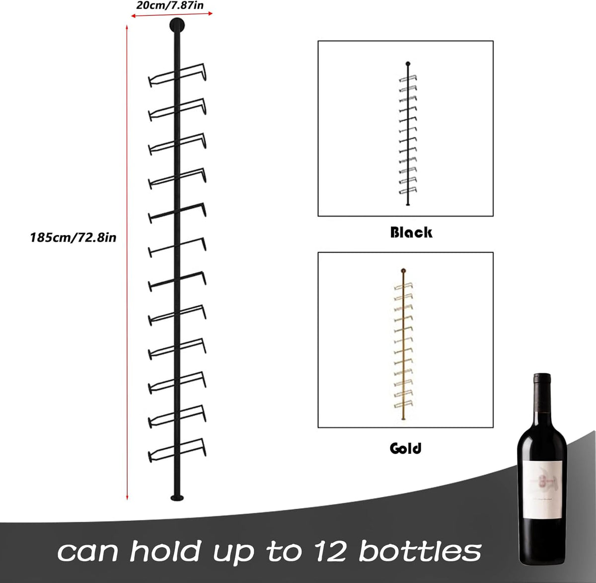 Wine Rack Wall Mounted, 72.8in High Metal Wine Bottle Holder for 12 Bottles, Kitchen Organization and Wine Storage for Commercial Restaurants Pantry Bar Wine Cellar (Gold, Five rows-60 Bottles)