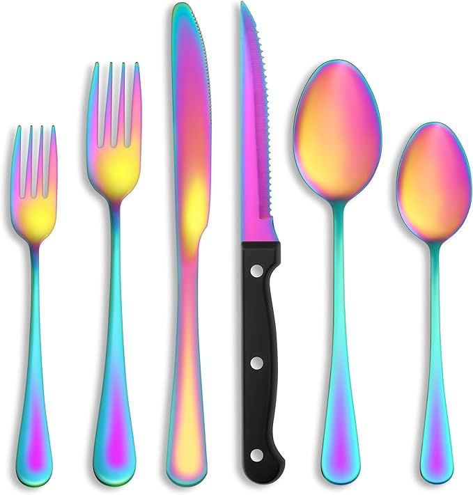 48 Pcs Rainbow Silverware Set with Steak Knives Service for 8,Stainless Steel Flatware Set,Mirror Polished Cutlery Utensil Set, Kitchen Eating Tableware,Include Fork Knife Spoon Set,Dishwasher Safe