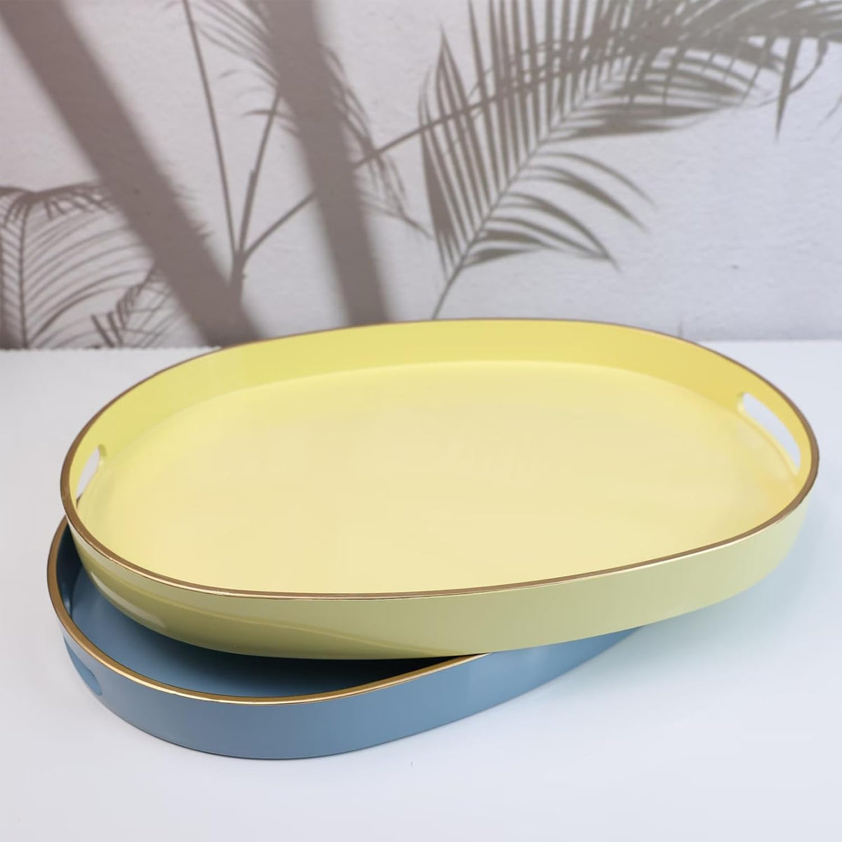 Spsyrine Yellow Plastic Serving Tray for Ottoman, Coffee Table, Oval Decorative Tray for Entertaining, Outdoor, Living Room, Home Decor