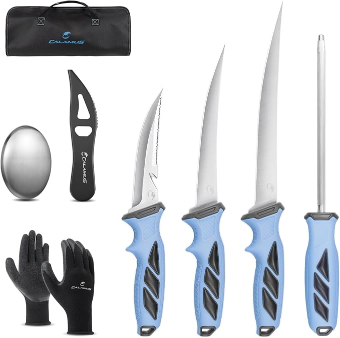Calamus SwiftGlide Fillet Knife Kit Combo, Fishing Bait Knife and Filet Knives, G4116 German Stainless-steel Blades, Non-slip Handle, Fish Scaler, Non-slip Grip Gloves, Sharpening Rod, Storage Bag