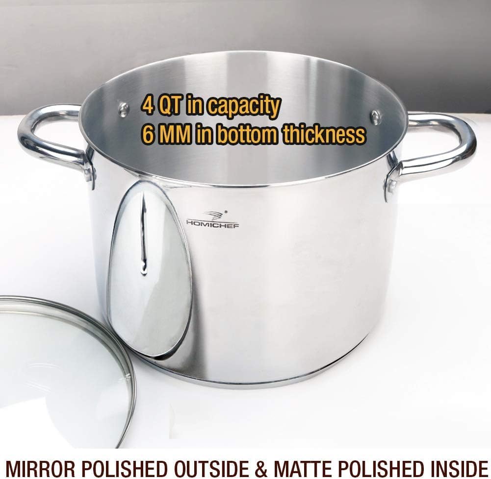 HOMICHEF Small Stock Pot 4 Quart Nickel Free Stainless Steel - 4 Qt Stockpot With Lid - Induction Pot