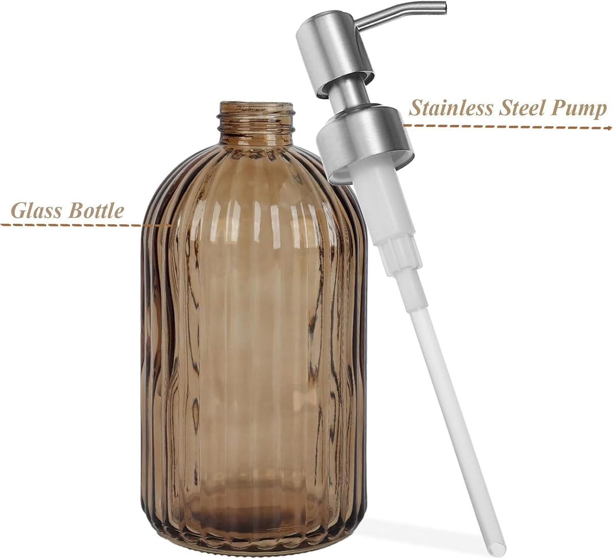 14Oz Brown Soap Dispenser Bathroom, Clear Glass Hand Soap Dispensers with Stainless Steel Pump, Refillable Dish Soap Dispenser for Kitchen, Countertop Soap Dispensers