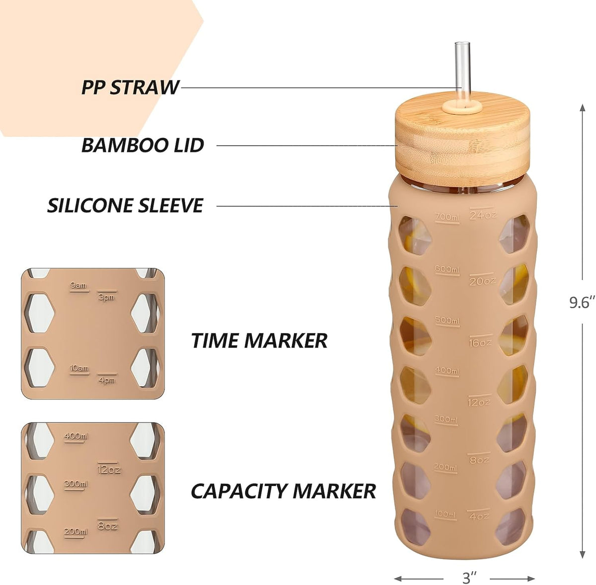 MUKOKO Glass Water Bottles, 24oz Glass Tumbler with Straw, Drinking Bottles with 2 Lids-Handle Spout Lid&Bamboo Straw Lid, Motivational Water Bottle with Time Marker and Silicone Sleeve, 1 Pack-Amber