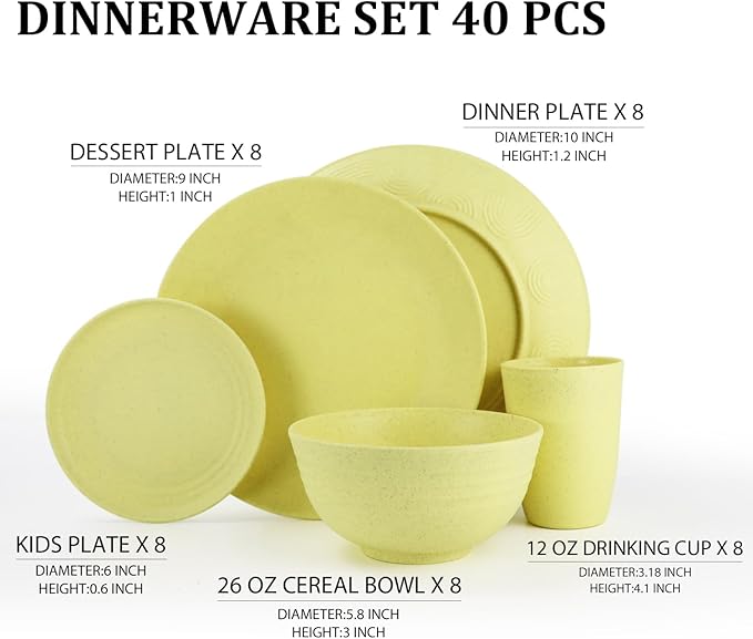Wheat Straw Dinnerware Set 40-Piece Service for 8 Unbreakable Dishes Set Plates and Bowls Sets Drinking Glasses Microwave Safe Dish Set Lightweight Dinnerware Set for Home & Kitchen - Yellow