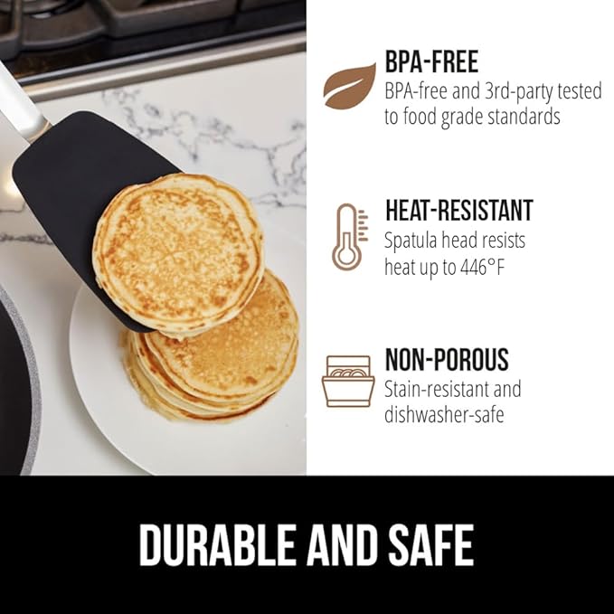 GORILLA GRIP Patented BPA-Free Non-Scratch Spatula, 2 Pack, Heat Resistant Flexible Silicone Head for Nonstick Cooking Pans, Soft Rubber Handle, Kitchen Spatulas for Flipping Eggs, Pancakes, Black