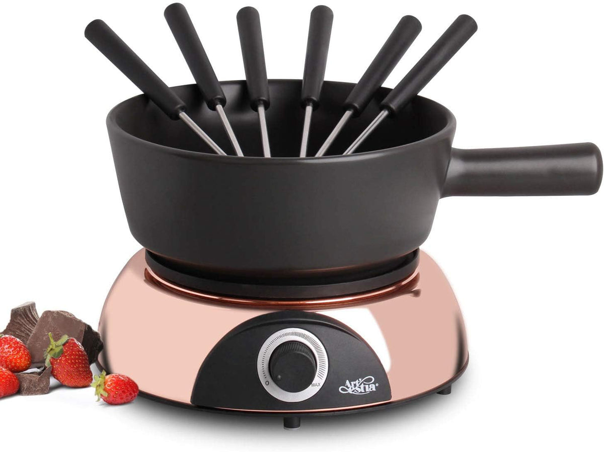 Artestia Swiss Design 2-QT Electric Fondue Pot for Meat, 1500W Ceramic Chocolate Melting Pot with Adjustable Temperature, 6 Fondue Forks, White Ceramic Pot with Rose-Gold Base (Black)