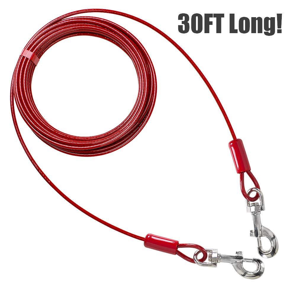 BV Dog Tie Out Cable 30 Feet - Heavy Duty Dog Lead Up to 125 Pounds - Reflective & Rust-Free with Quick Release Swivel Clips & 360° Rotating Clasp - Tangle-Free Dogs Runner for Yard (Red, Single)
