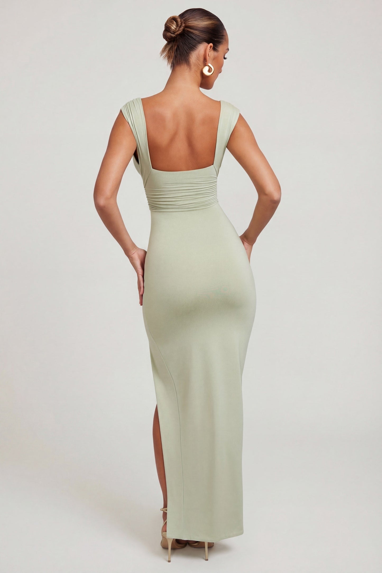 High Split Plunge Neck Maxi Dress in Sage