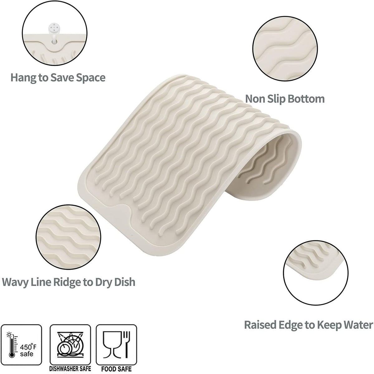 Silicone Dish Drying Mat for Multiple Usage,Easy clean,Eco-friendly,Heat-resistant Silicone Mat for Kitchen Counter or Sink,Refrigerator or Drawer Liner Tapioca S 12 inches x 6 inches