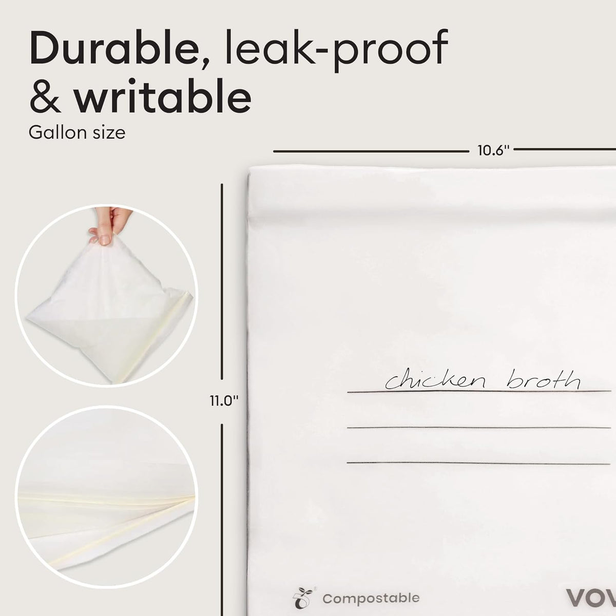 Vove Compostable Gallon Bags, Extra Large 30 Count – Freezer Safe, Leak Proof, Non Toxic Food Storage for Meal Prep & Snacks, Plant-Based Eco Bags