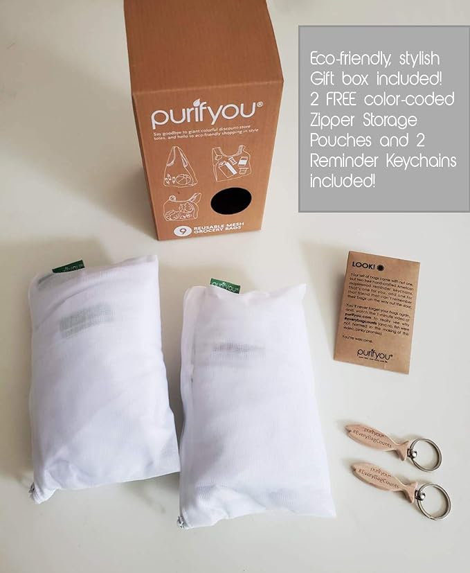 purifyou Set of 9 Reusable Grocery Bags with Handles, Dual-Purpose See-Through Mesh, Washable Foldable Shopping Bags for Groceries, Food Storage, Kitchen Supplies, and Home Organization