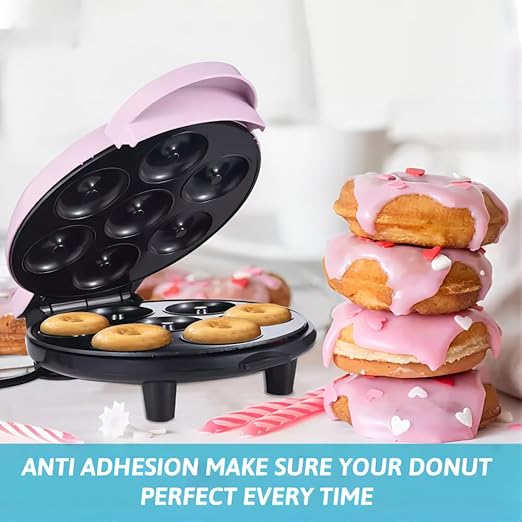 Donut Maker, Electric Non-Stick Surface Makes 7 Small Doughnuts Mini Donut Maker Machine, Mini Doughnut Maker Pancake Maker for Breakfast, Snacks, Desserts & More, Pink
