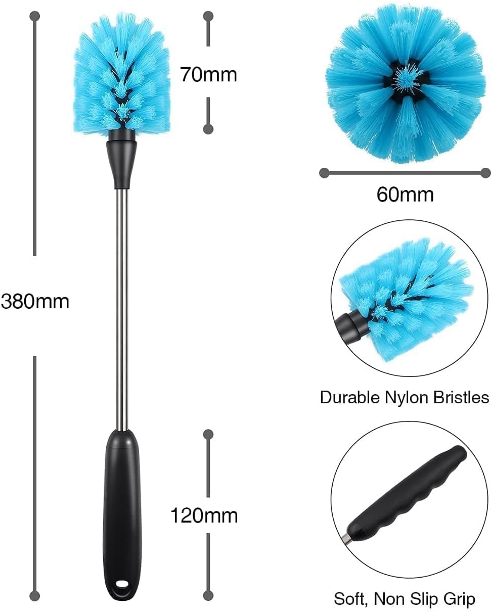 Stainless Steel Long Handled Water Bottle Brush-Flexible and Flexible Brush for Water Bottles, Milk Bottles, Glasses, Glassware, Food Jars, Wake-up Jars, 15 in.