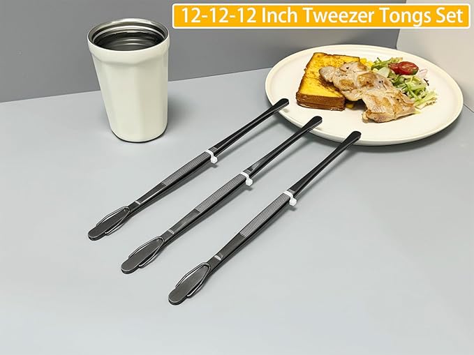 JETKONG 3 Pcs 12-Inch Cooking Tweezers Tongs Long Stainless Steel Chef Tweezers (12 12 12 Inch, Black)