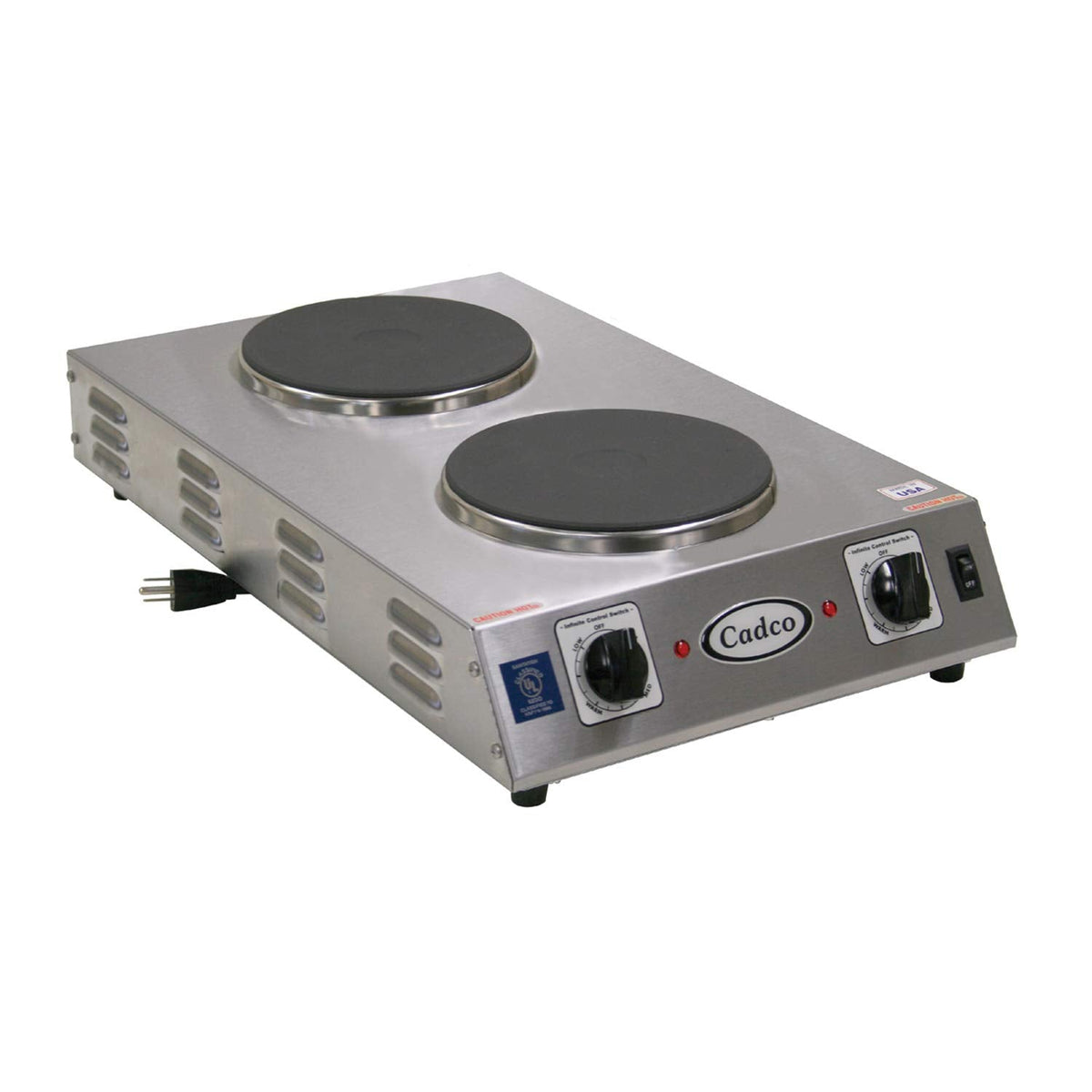Cadco CDR-2CFB 13-1/2" Electric Portable Countertop Space Saver Hot Plate w/Two Cast Iron Burners for Restaurant Hotel Food Truck Concession Kiosk, Stainless Steel, 120v