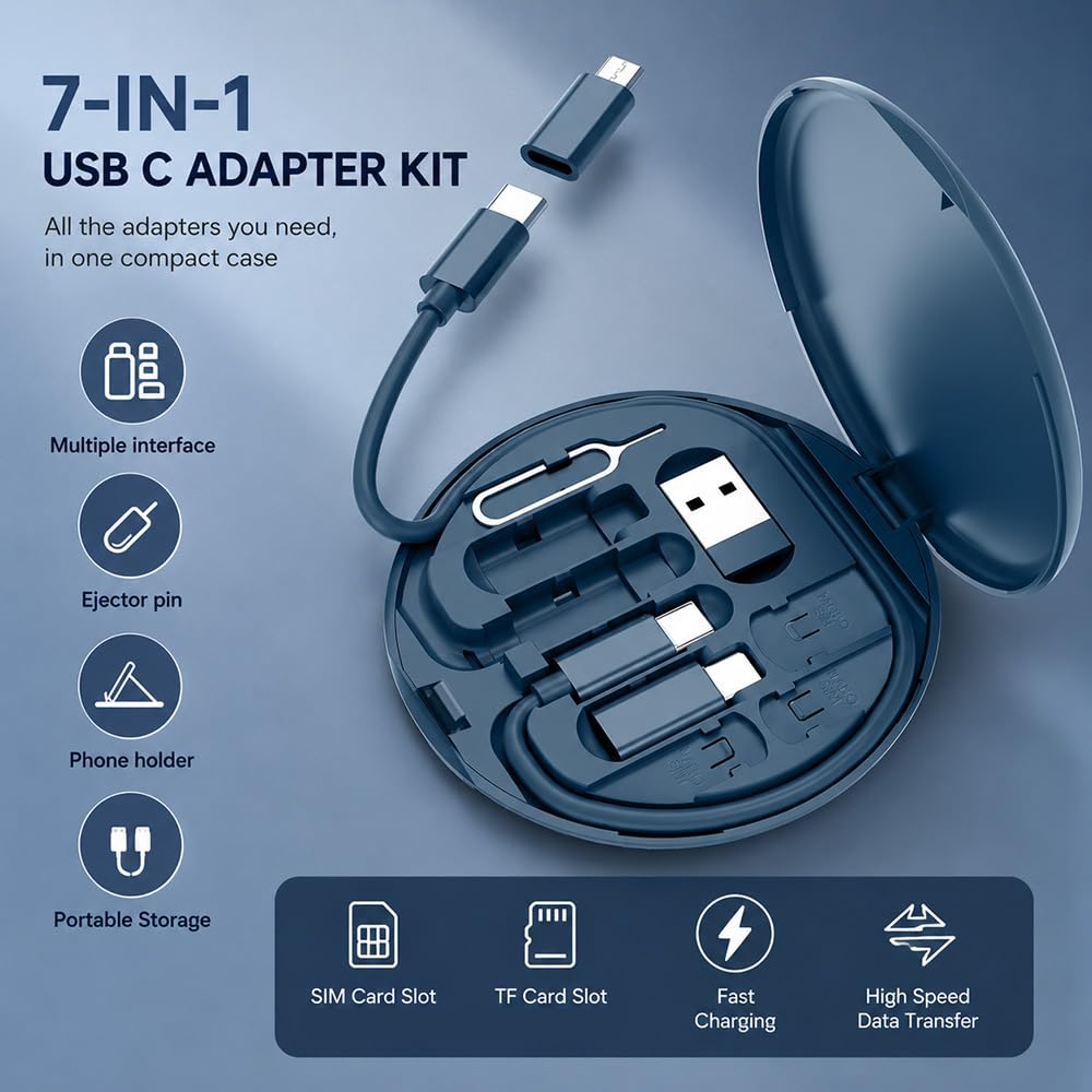 Yesimla USB C Adapter Kit, Multi Charging Cable Case Convertor USB C to iOS Device Type C Micro Adapter Data Transfer Contains Card Slot for Traveling, Use as Phone Holder(Midnight Blue)