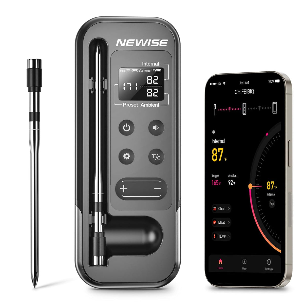Bluetooth Meat Thermometer with Smart APP, 800FT Wireless Range & LCD Base, Rechargeable Probe, Digital Food Thermometer for BBQ, Grill, Chefs, Air Fryer, Gifts for Men Dad
