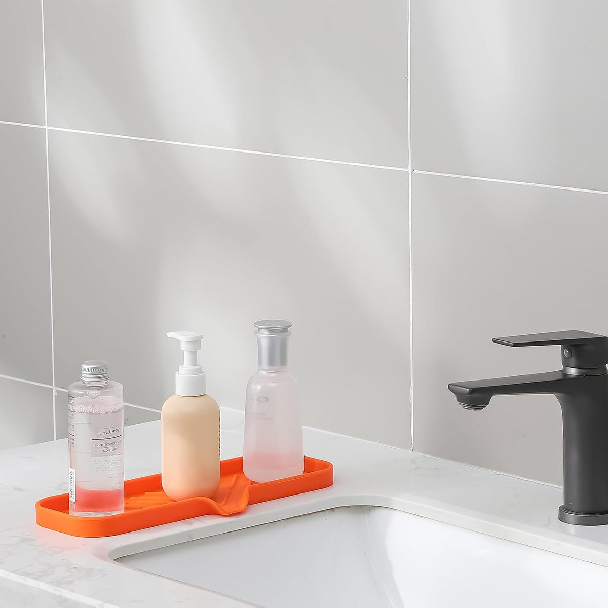 Silicone Bathroom Soap Dishes with Drain Spout-Bathroom and Kitchen Sink Organizer,Sponge Holder,Dish Soap Tray,Perfect for Dispenser,Scrubber,Bottle,Cup on Sink or Counter-Orange 12"×4"