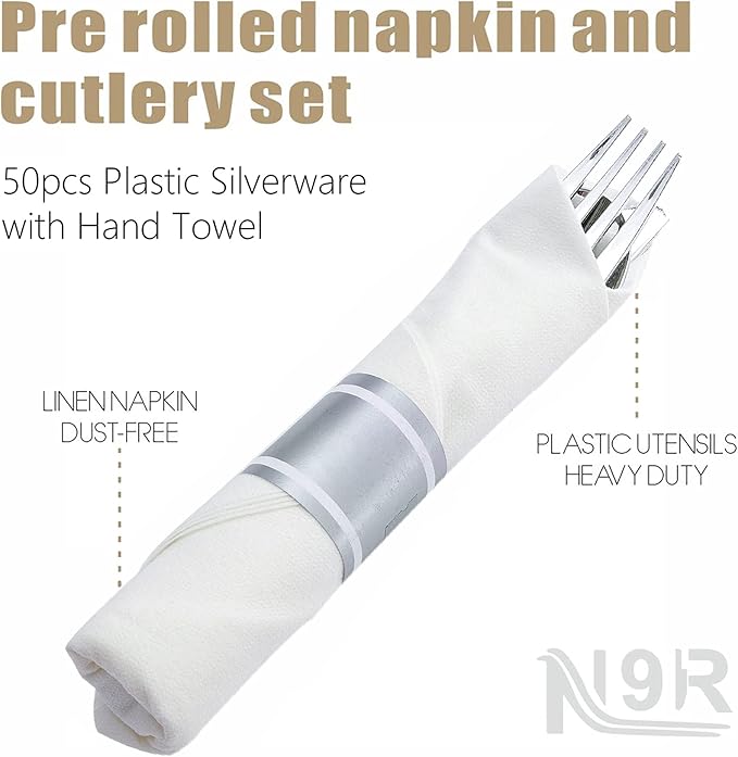 N9R 50 Pack Pre Rolled Silver Plastic Cutlery Set, 50 Forks, 50 Knives, 50 Spoons, 50 Napkins, Disposable Cutlery Set for Party and Wedding