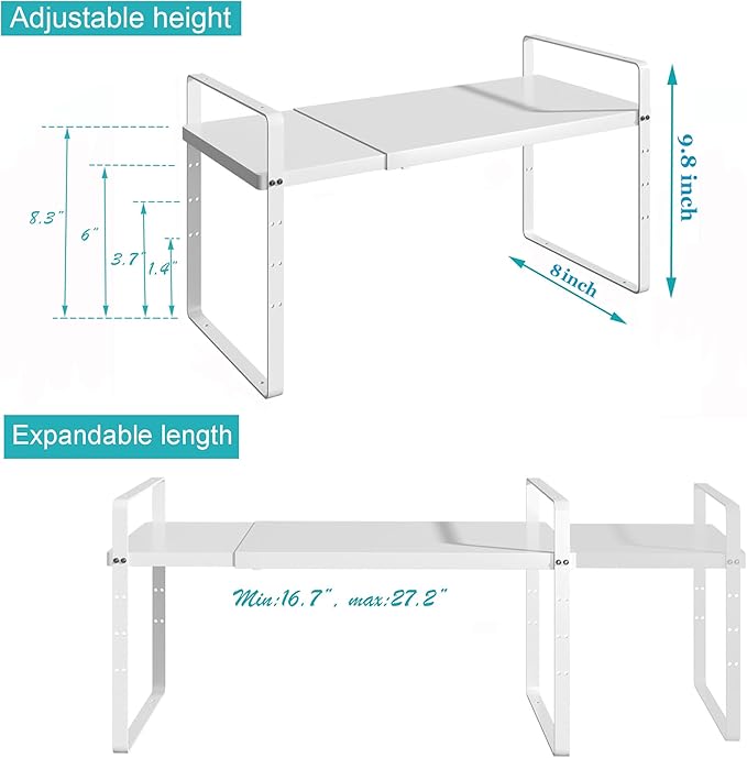 iPEGTOP Expandable Cabinet Storage Shelf Organizer Rack, Heavy Duty Cupboard Stand Spice Rack Adjustable Height Garage Pantry Shelf Space Riser for Counter Kitchen Organization, White, 2 Pack