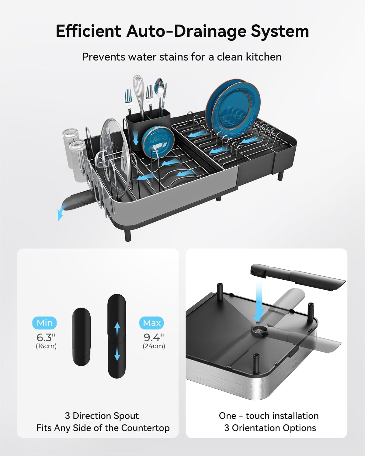 SUNLY Expandable Dish Drying Rack, Versatile Brackets for Pots & Pans, Space Saving Kitchen Drying Rack, Dish Racks for Kitchen Counter, Stainless Steel Dish Drainers with Extendable Spout, Black