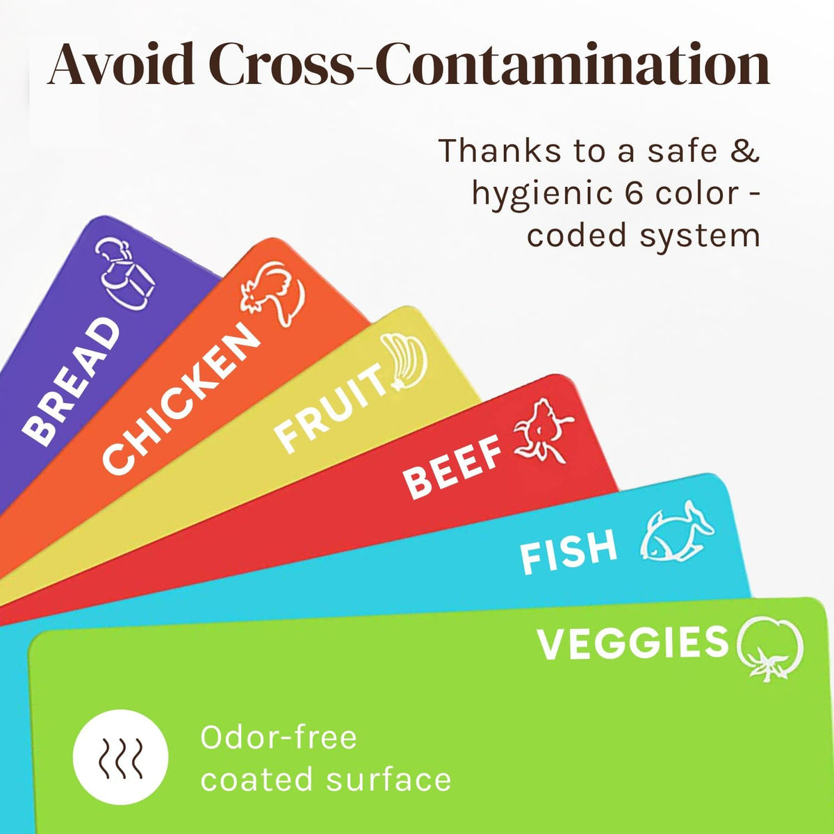 Extra Thick Flexible Plastic Cutting Board Mats with Food Icons & EZ-Grip Waffle Back, (Set of 6) Dishwasher Safe Vibrant