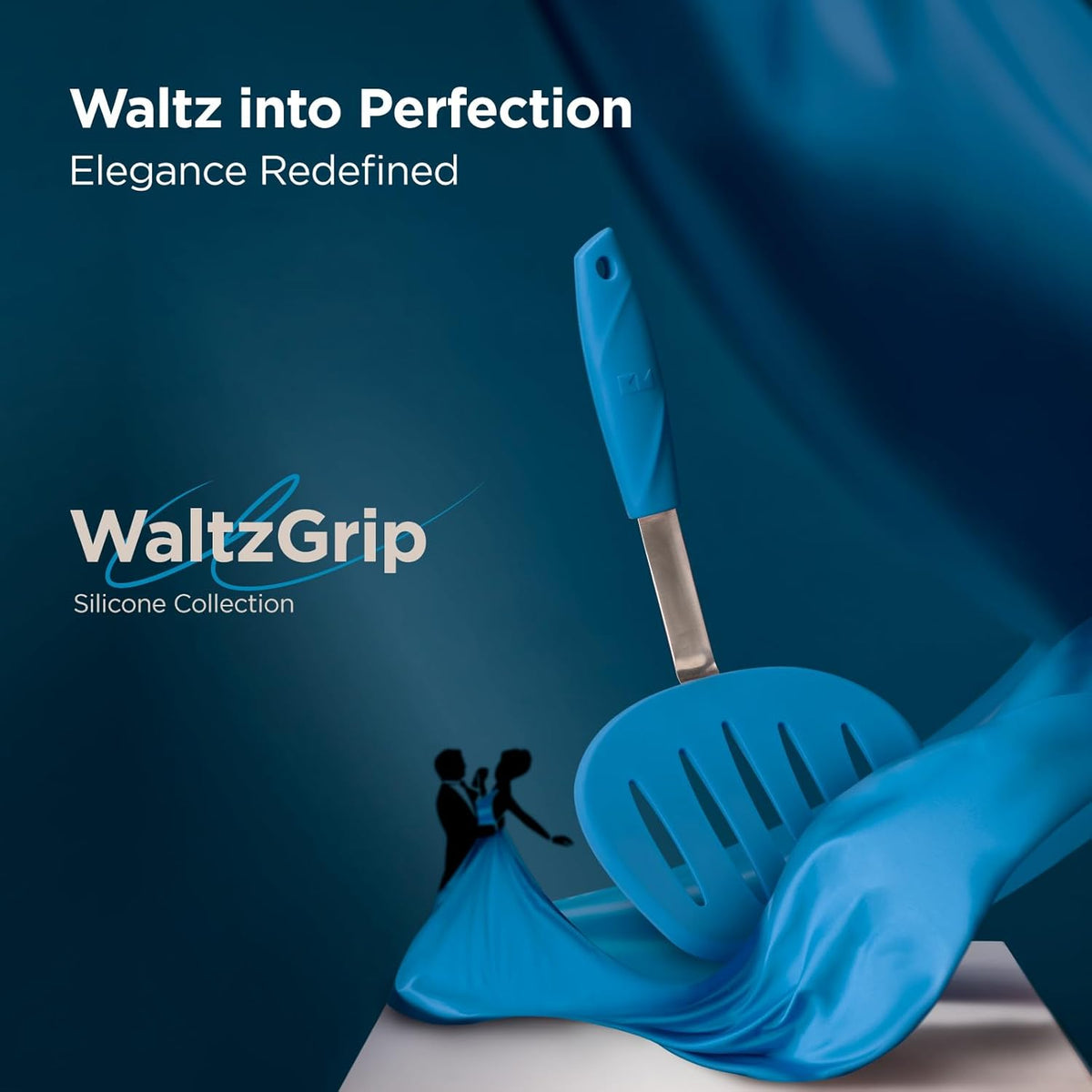Kitchen Mama WaltzGrip Platinum Silicone Pancake Spatula Turner: Heat Resistant Flexible, Stainless Steel Core, Nonstick, Dishwasher Safe, Flipper – Ideal Kitchen Cookware for Eggs, Fish, Meat (Blue)